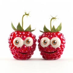 Wall Mural - 2 cute red raspberries with eyes and smile 3d icon in cartoon style on a white isolated background