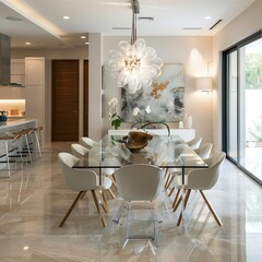 Wall Mural - Spacious dining room woth a glass top table and a modern style. New way of living. Design.