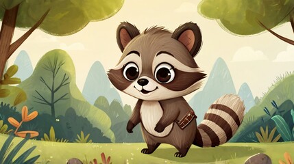 Wall Mural - illustration of cute little racoon in wildlife with jungle background