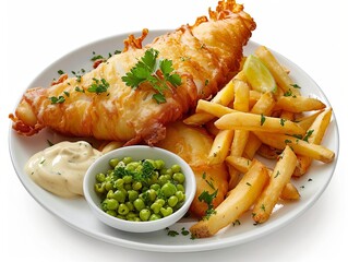 A plate of fish and chips with a side of mushy peas, white background