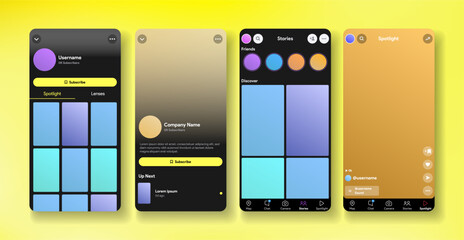 Snapchat app interface. Social media marketing mobile application. Story and spotlight mock-up. Subscribe user profile template. Snap chat messenger. Vector illustration.