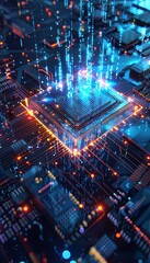 Leinwandbilder - A close-up view of a microprocessor or chip on a motherboard, surrounded by intricate digital data streams and glowing light effects. Generative AI