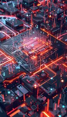 Leinwandbilder - A close-up view of a modern microprocessor surrounded by intricate data streams and glowing lights, representing the processing power of artificial intelligence. Generative AI
