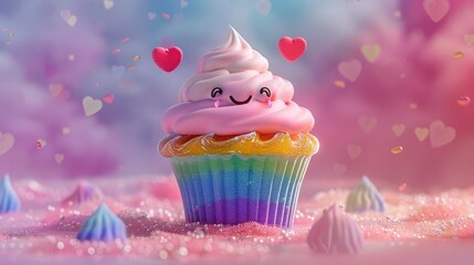 Wall Mural - An enchanting concept of a cartoon character featuring a rainbow cupcake symbolizing the charm of falling in love romantically