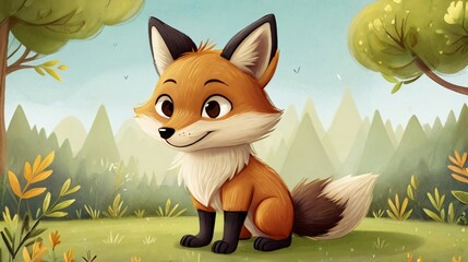 Wall Mural - cartoon illustration of cute little fox in the forest