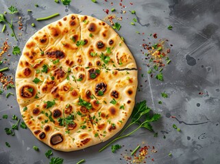 Wall Mural - photo of fresh naan bread on gray background, top view