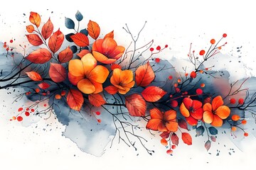 Wall Mural - Watercolor painting of a branch with orange flowers, red berries, and autumn leaves on a white background with blue and gray splashes.