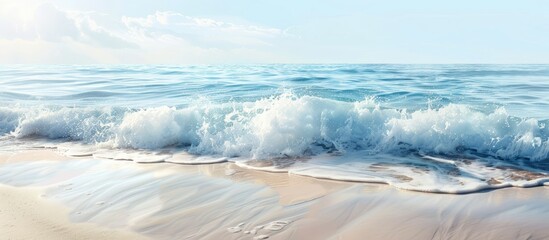 Wall Mural - A tranquil scene of gentle waves washing onto a deserted sandy shore, with a summer backdrop and space for text.