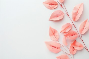 Wall Mural - Photo of lashes and a pink paper cut leaf on a white background, in a top view. Space for text.