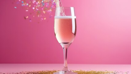 Wall Mural - Transparent glass champagne goblet with confetti splash in form of multicolored stars on a pink background. Concept of holidays, christmas, birthday and lovers day