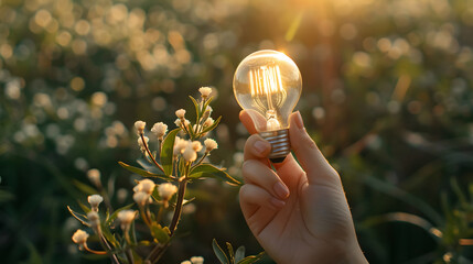 Wall Mural - lit light bulb in a woman hand - concept of caring for the environment and sustainable energy