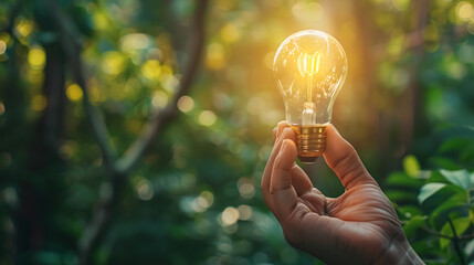 Wall Mural - lit light bulb in a man's hand - concept of caring for the environment and sustainable energy