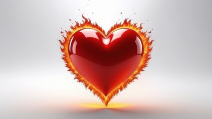 red heart on fire on white background, space for text