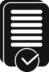 Poster - Simple black icon of a document with lines of text and a check mark in a circle, representing approval