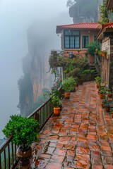 Poster - A brick walkway with potted plants and a house in the background