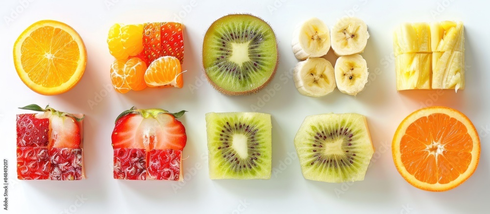 Assortment of tropical fruit cut into small squares and artfully ...