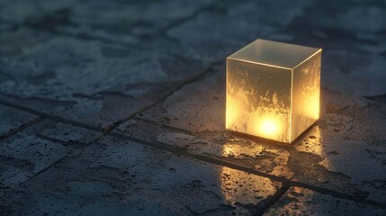 Sticker - A cube with a light inside of it is lit up on a dark surface