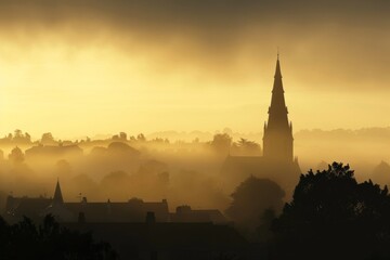 Silhouette of the church spire and town in golden light against an early morning misty Yorkshire sky, with distant trees framing the scene. Captures a sense of tranquility as dawn breaks over the town