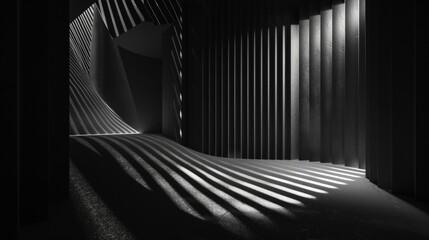 A black and white photo of a hallway with a staircase