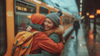 © ArtCraft - Emotional reunion at train station. Two friends joyfully hug on a wet platform, conveying warmth and connection. Ideal for travel and lifestyle promotions, and editorial features