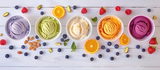 A variety of ice cream flavors like blueberry, strawberry, pistachio, almond, orange, and cherry arranged on a white wooden backdrop. Embracing the flavors of summer with a sweet menu concept.