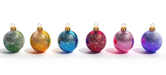 Wall Mural - Colorful Christmas baubles lined up on white background. Concept of holiday decorations, festive season, new year celebration, Christmas ornament. Set