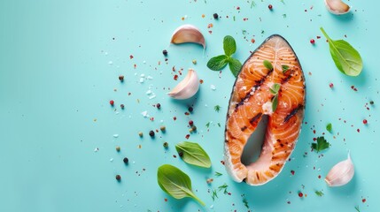 Poster - Grilled salmon steak with spices and garlic on a blue background