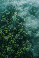 Poster - Aerial Drone Photo of Lush Green Tropical Forest in mist  - Top View