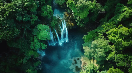 Wall Mural - Drone Photo of Dense Tropical Jungle with Sunlit Cascading Waterfalls