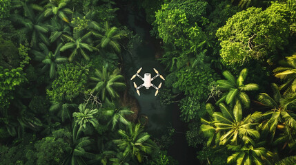 Wall Mural - Stunning Drone Shot of Thick Tropical Jungle with Visible Drone