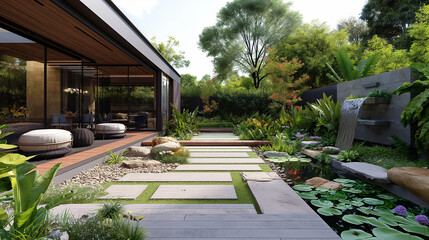 a luxury  house garden design with different plants and path road 