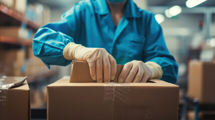Wall Mural - A worker in a factory packaging products for shipment while wearing protective gloves and eyewear. photorealism, copy space, minimalism --ar 16:9 Job ID: dcb845c8-c50e-434b-896c-c99432e30aa4
