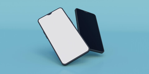 Mobile application presentation mockup. Two smartphones, on and off. The one with the blank screen stands in front. The phone on the back is off.