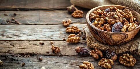 Wall Mural - Smentation of dates and walnuts in wooden bowl on old rustic table with copy space, ramadan food concept