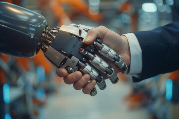 Artificial intelligence and productivity in industry. Man in a suit shakes hands with a robot. Future of work with new technologies.