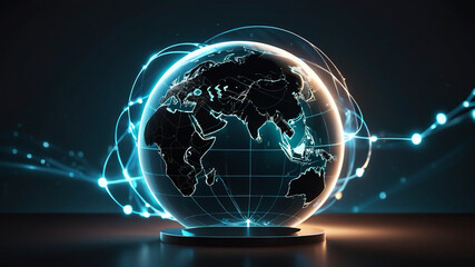 Minimalist illustration of A sleek globe, with glowing digital connection on transparency background