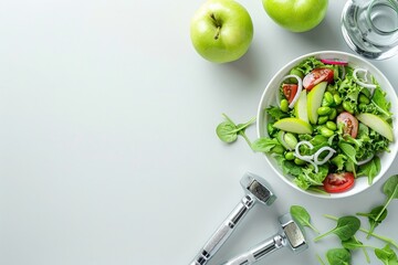 Wall Mural - Taped tammed, bowl with salad and green apple on white background, dumbbells near bottle of water. Concept for healthy lifestyle or weight loss. Top view.