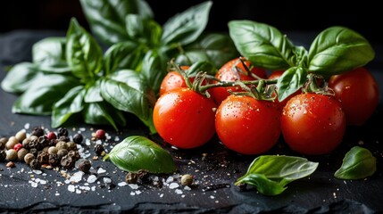 Wall Mural - Close-up of fresh basil, ripe tomatoes, and seasonings on a dark surface