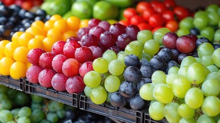 Close-up of various types of grapes displayed in a market