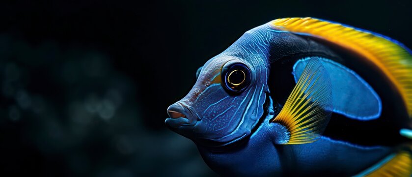 Blue Tang colorful marine fish known for its vibrant blue coloration and yellow tail, often found in coral reefs and aquariums