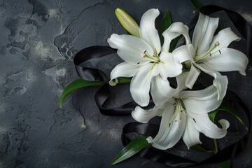 Wall Mural - Two white lilies with a black ribbon on a dark gray background, viewed from above. A memorial and nostalgic concept for a graveyard celebration or sad event. A flat lay with copy space.