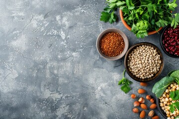 Wall Mural - VCG background of various legumes, beans and nuts on gray concrete table in bowl with greens in a top view. healthy eating concept. copy space for text or design