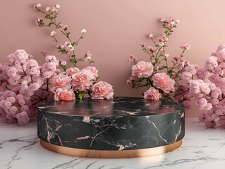 Wall Mural - Pink flowers creatively arranged on a marble podium with a flowerpot