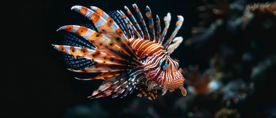 Canvas Print - Lionfish, adorned with vibrant stripes and elaborate fins, adds a splash of color to the serene underwater world