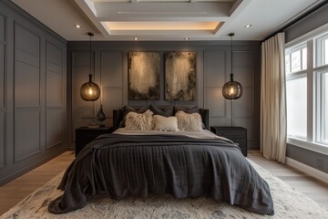 Explore a grey bedroom with white wood wall paneling, unique pendant lights, and dark bed, complemented by two paintings. A contemporary interior design idea that's both stylish and inviting