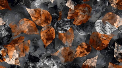 Wall Mural - Seamless leaf pattern with watercolor textured abstract leaves background in brown, black and gray autumn colors.