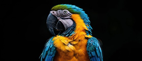 Macaw, with brilliant red feathers and a distinctive beak, symbolizing tropical biodiversity