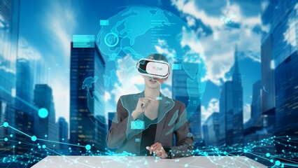 Wall Mural - Businesswoman looking dynamic market data research analysis rotated world graph monitor by VR global innovation interface digital infographic network technology visual hologram animation. Contraption.