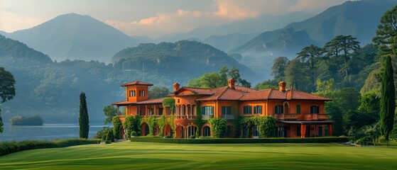 Wall Mural - picturesque landscape featuring a cozy house nestled in the mountains amid lush greenery and clear skies