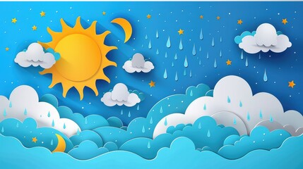 paper cut cartoon weather icons: a modern illustration of sun, clouds, rain, lightning, thunder, and